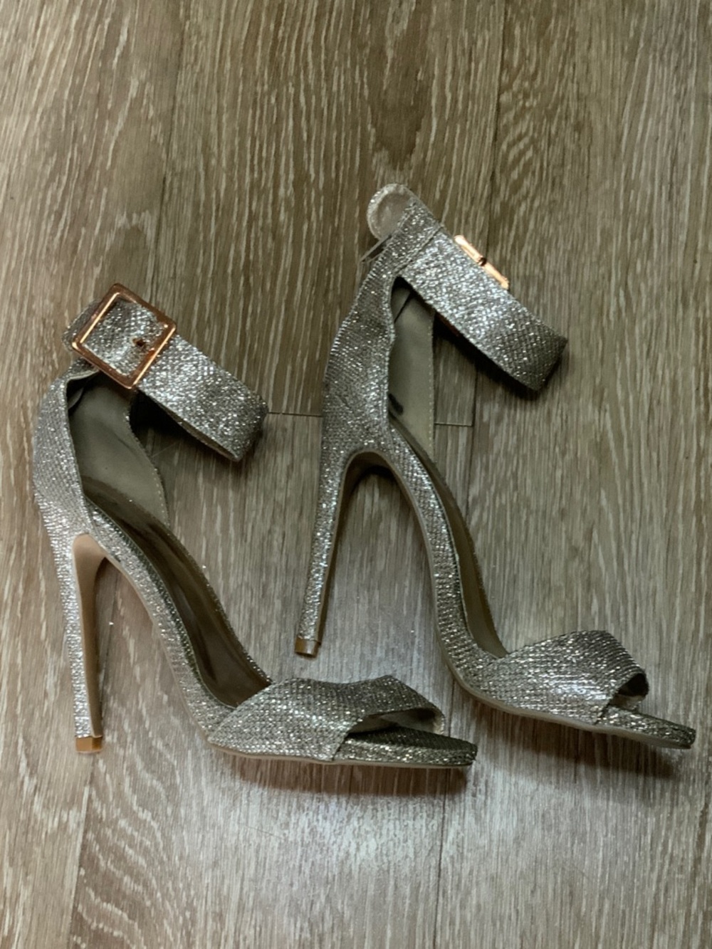 Qupid Silver Glitter Ankle Strap Stiletto Sandals